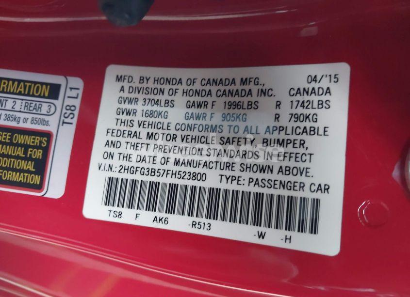 Photo 9 of 2015 Honda Civic LX (VIN 2HGFG3B57FH523800)