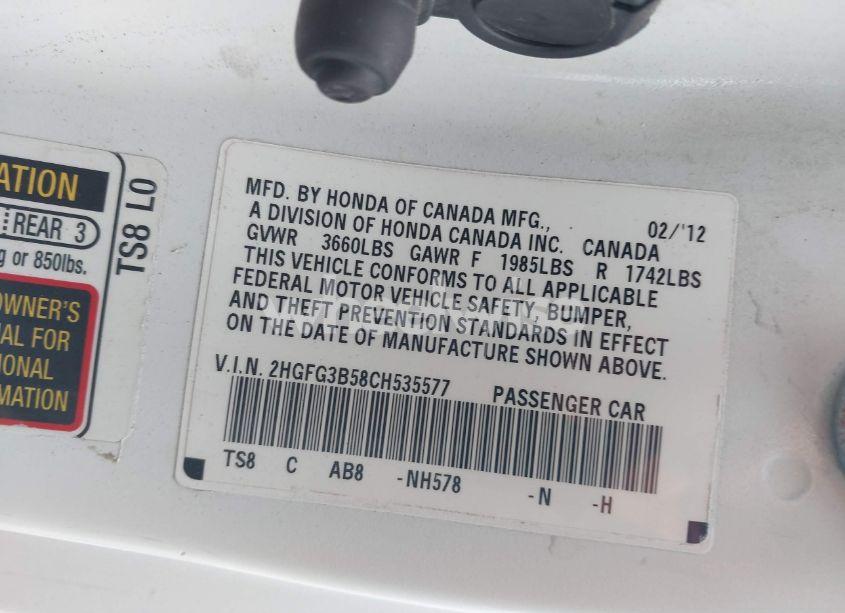 Photo 9 of 2012 Honda Civic LX (VIN 2HGFG3B58CH535577)