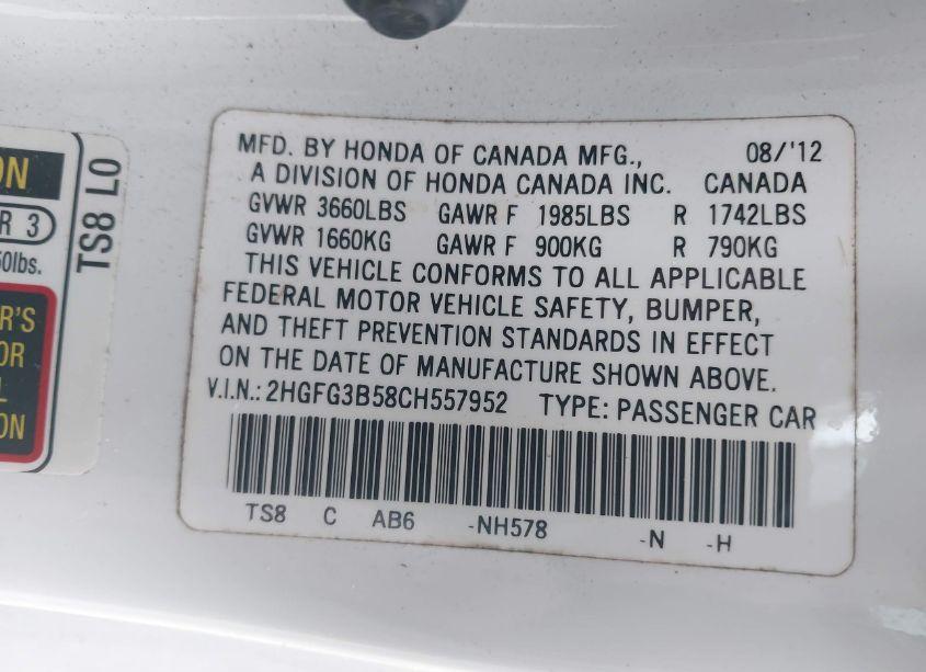 Photo 9 of 2012 Honda Civic LX (VIN 2HGFG3B58CH557952)