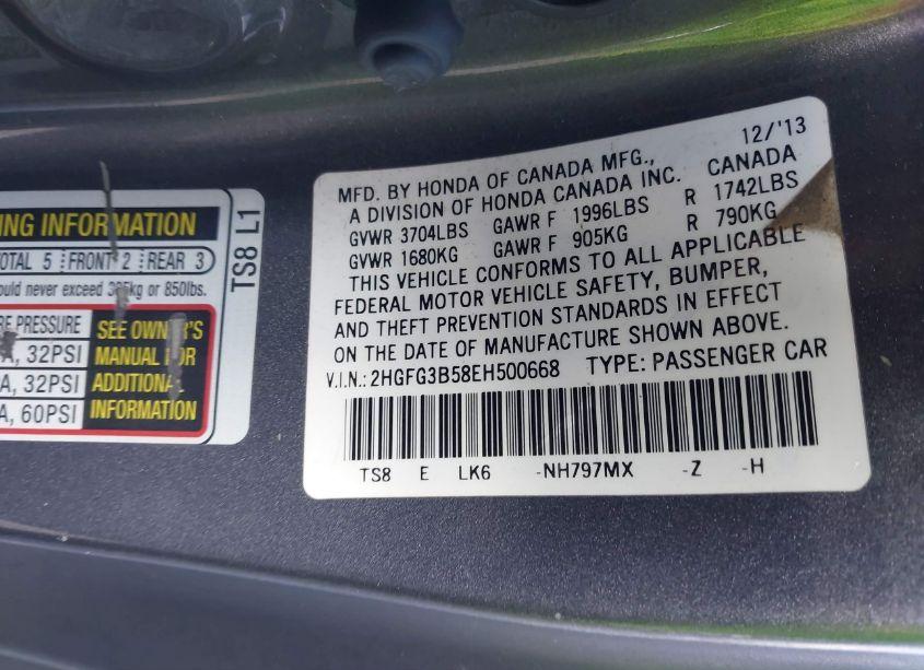 Photo 9 of 2014 Honda Civic LX (VIN 2HGFG3B58EH500668)