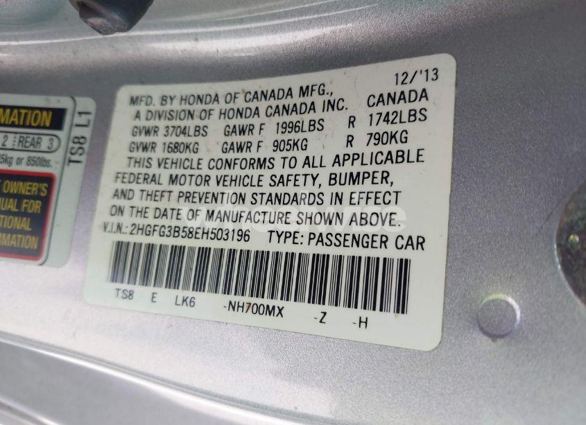 Photo 9 of 2014 Honda Civic LX (VIN 2HGFG3B58EH503196)