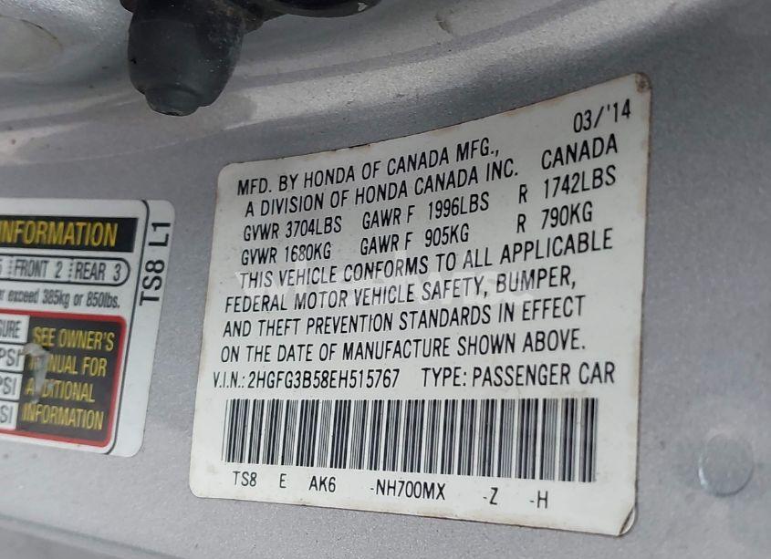 Photo 9 of 2014 Honda Civic LX (VIN 2HGFG3B58EH515767)
