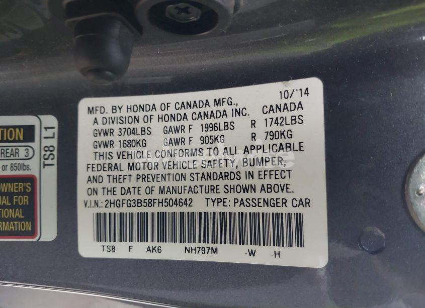 Photo 9 of 2015 Honda Civic LX (VIN 2HGFG3B58FH504642)