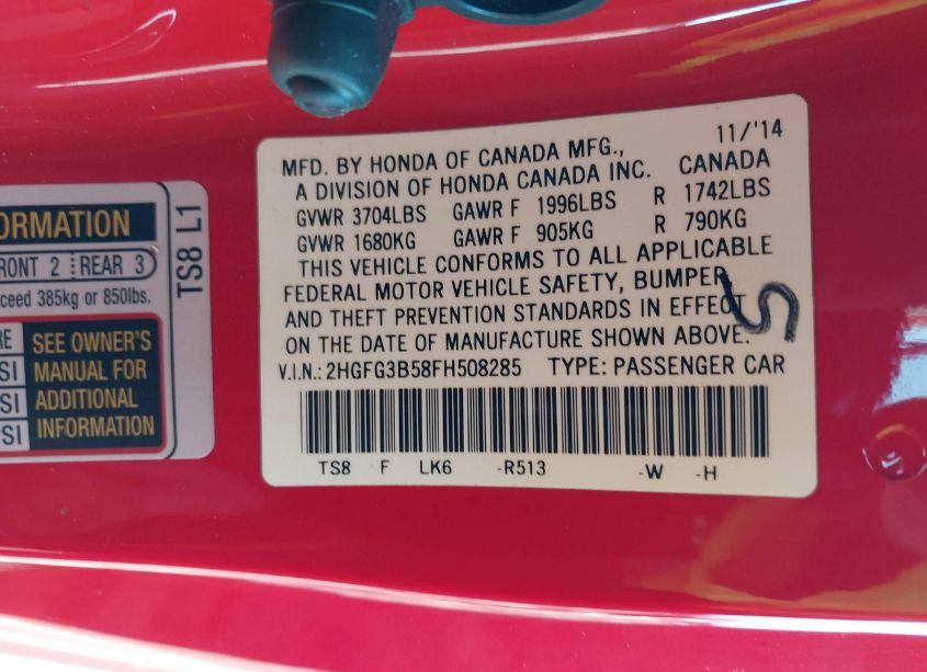 Photo 8 of 2015 Honda Civic LX (VIN 2HGFG3B58FH508285)