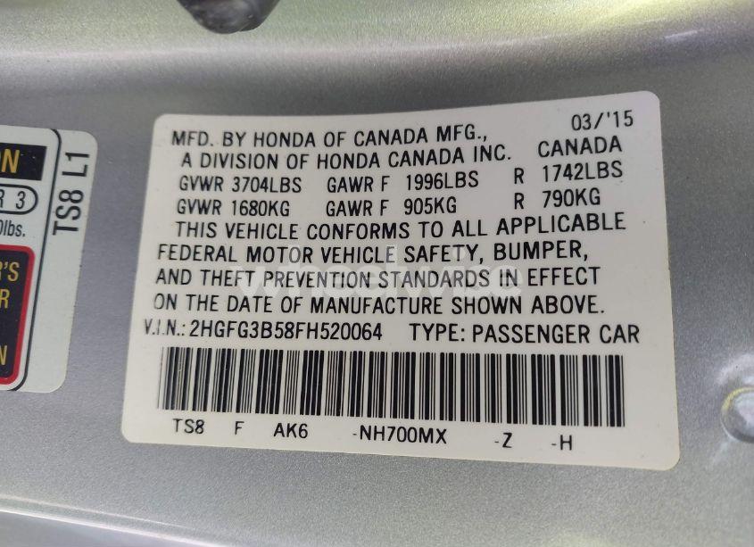 Photo 9 of 2015 Honda Civic LX (VIN 2HGFG3B58FH520064)