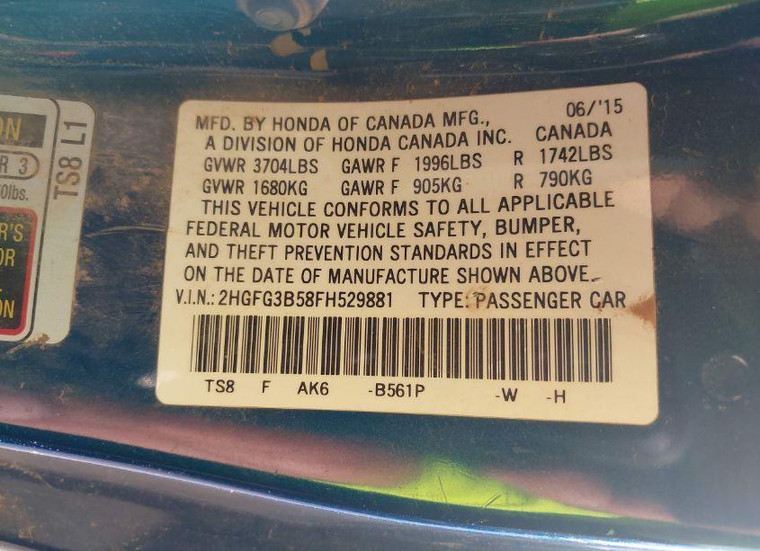 Photo 9 of 2015 Honda Civic LX (VIN 2HGFG3B58FH529881)