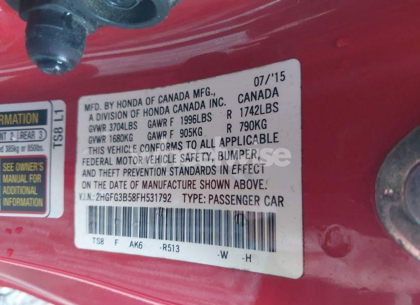 Photo 9 of 2015 Honda Civic LX (VIN 2HGFG3B58FH531792)