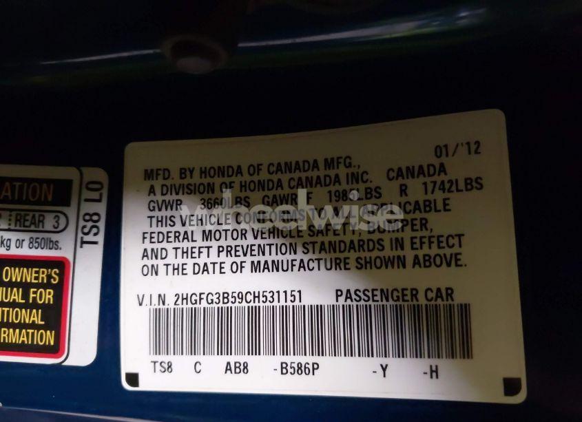 Photo 9 of 2012 Honda Civic LX (VIN 2HGFG3B59CH531151)