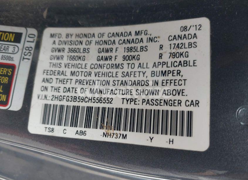 Photo 9 of 2012 Honda Civic LX (VIN 2HGFG3B59CH556552)