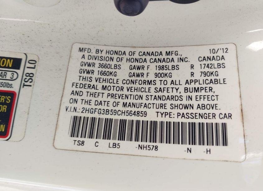 Photo 9 of 2012 Honda Civic LX (VIN 2HGFG3B59CH564859)