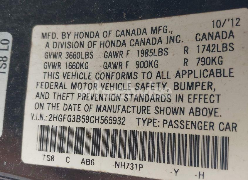 Photo 9 of 2012 Honda Civic LX (VIN 2HGFG3B59CH565932)