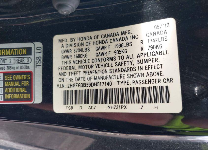 Photo 9 of 2013 Honda Civic LX (VIN 2HGFG3B59DH517140)