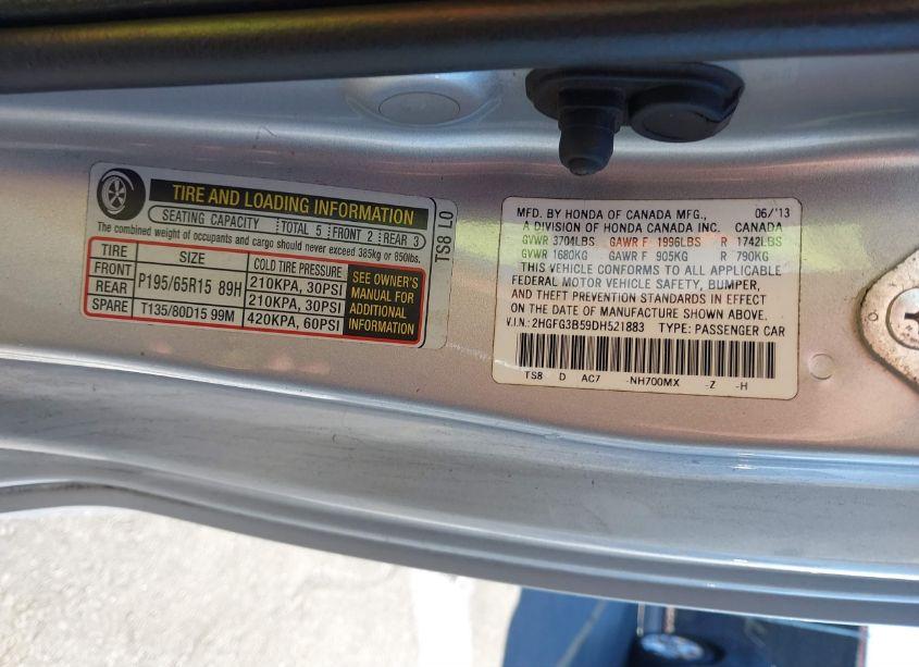 Photo 9 of 2013 Honda Civic LX (VIN 2HGFG3B59DH521883)