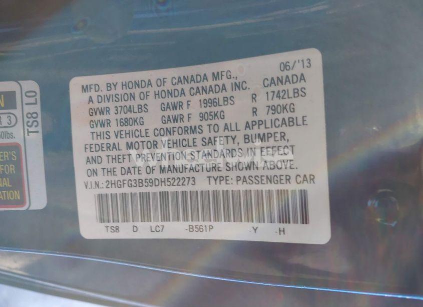 Photo 9 of 2013 Honda Civic LX (VIN 2HGFG3B59DH522273)