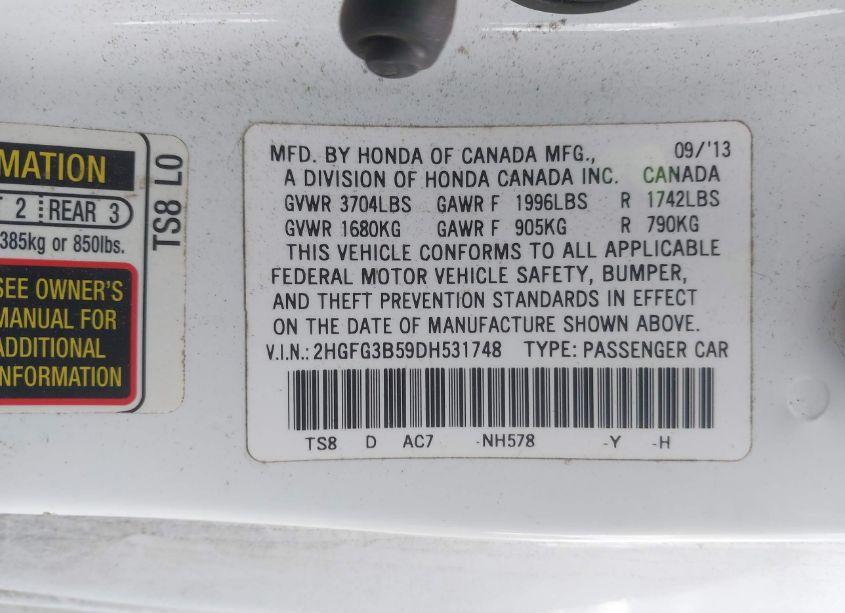 Photo 9 of 2013 Honda Civic LX (VIN 2HGFG3B59DH531748)