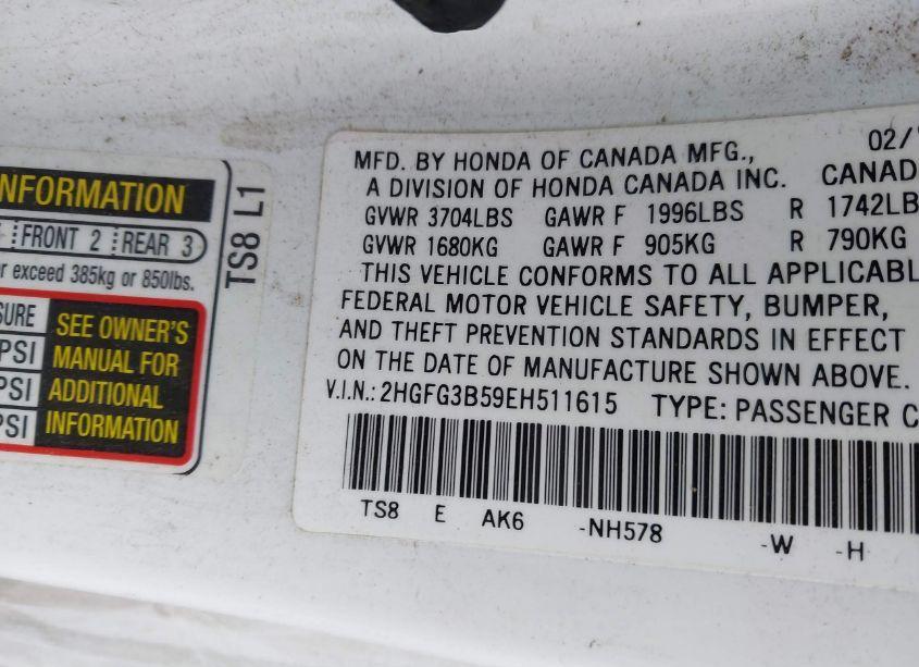 Photo 9 of 2014 Honda Civic LX (VIN 2HGFG3B59EH511615)