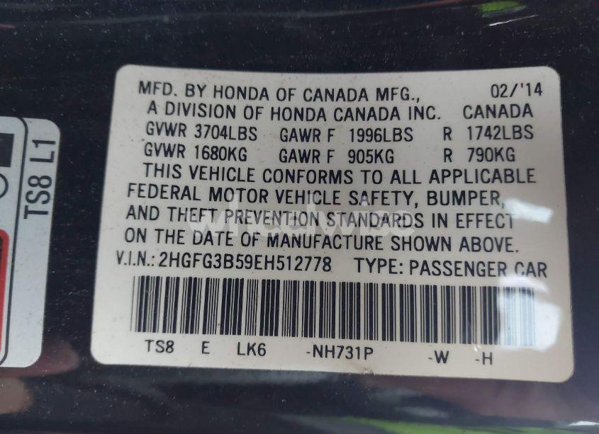 Photo 9 of 2014 Honda Civic LX (VIN 2HGFG3B59EH512778)