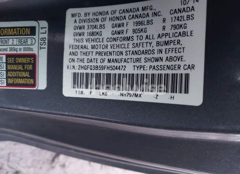 Photo 9 of 2015 Honda Civic LX (VIN 2HGFG3B59FH504472)