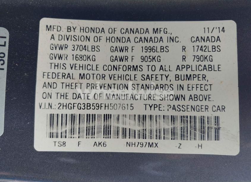 Photo 9 of 2015 Honda Civic LX (VIN 2HGFG3B59FH507615)
