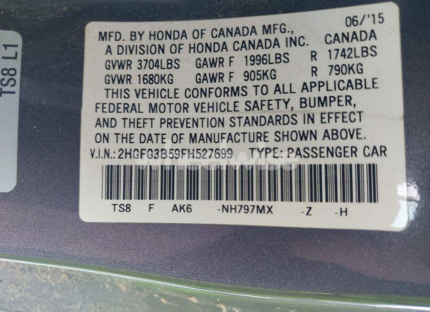 Photo 9 of 2015 Honda Civic LX (VIN 2HGFG3B59FH527699)