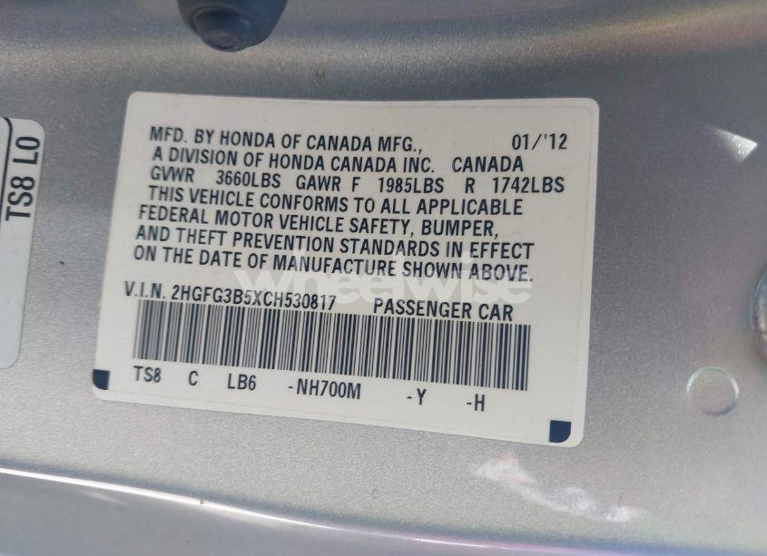 Photo 9 of 2012 Honda Civic LX (VIN 2HGFG3B5XCH530817)