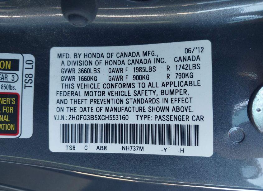 Photo 9 of 2012 Honda Civic LX (VIN 2HGFG3B5XCH553160)