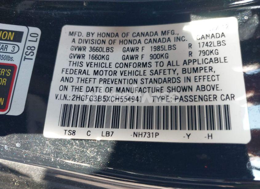 Photo 9 of 2012 Honda Civic LX (VIN 2HGFG3B5XCH554941)