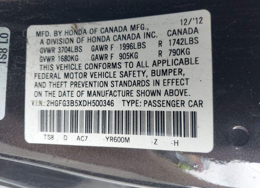 Photo 9 of 2013 Honda Civic LX (VIN 2HGFG3B5XDH500346)