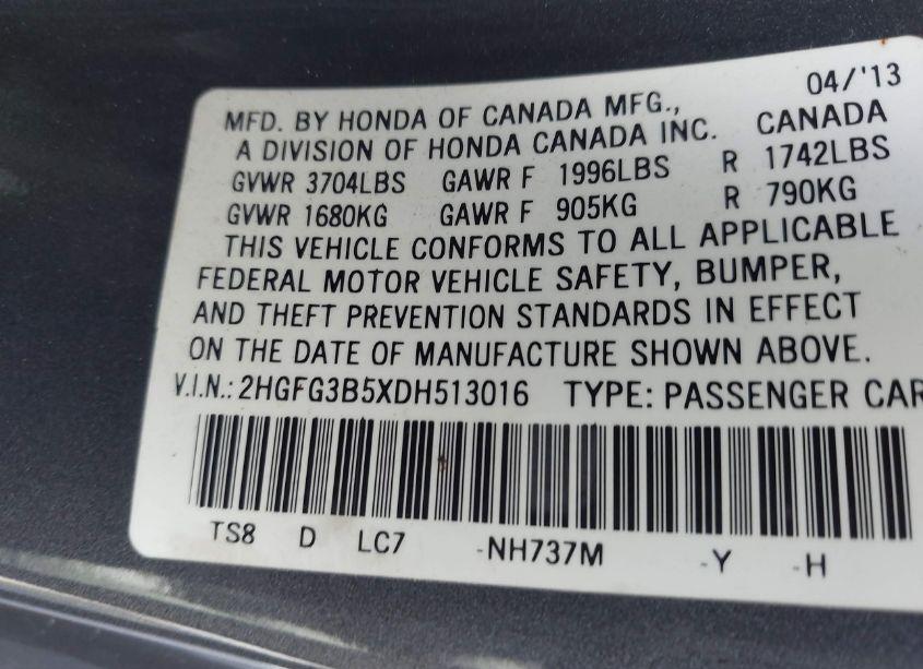 Photo 9 of 2013 Honda Civic LX (VIN 2HGFG3B5XDH513016)
