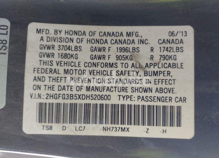 Photo 9 of 2013 Honda Civic LX (VIN 2HGFG3B5XDH520600)