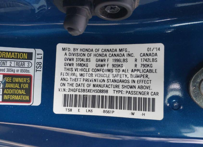 Photo 9 of 2014 Honda Civic LX (VIN 2HGFG3B5XEH508898)