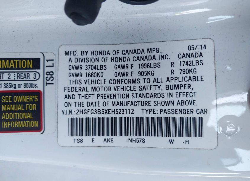 Photo 9 of 2014 Honda Civic LX (VIN 2HGFG3B5XEH523112)