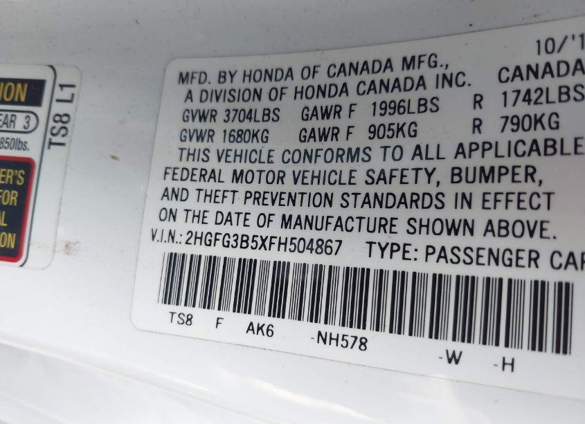 Photo 9 of 2015 Honda Civic LX (VIN 2HGFG3B5XFH504867)