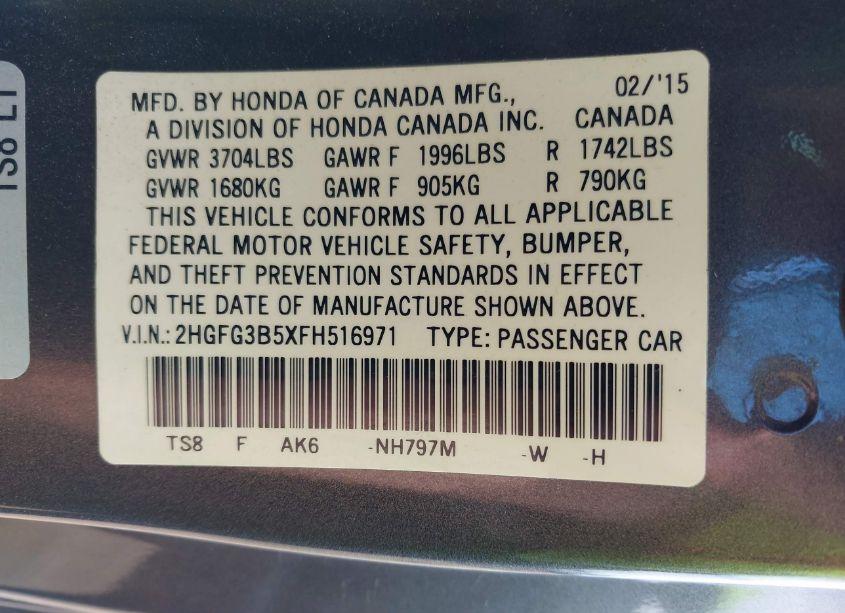 Photo 9 of 2015 Honda Civic LX (VIN 2HGFG3B5XFH516971)