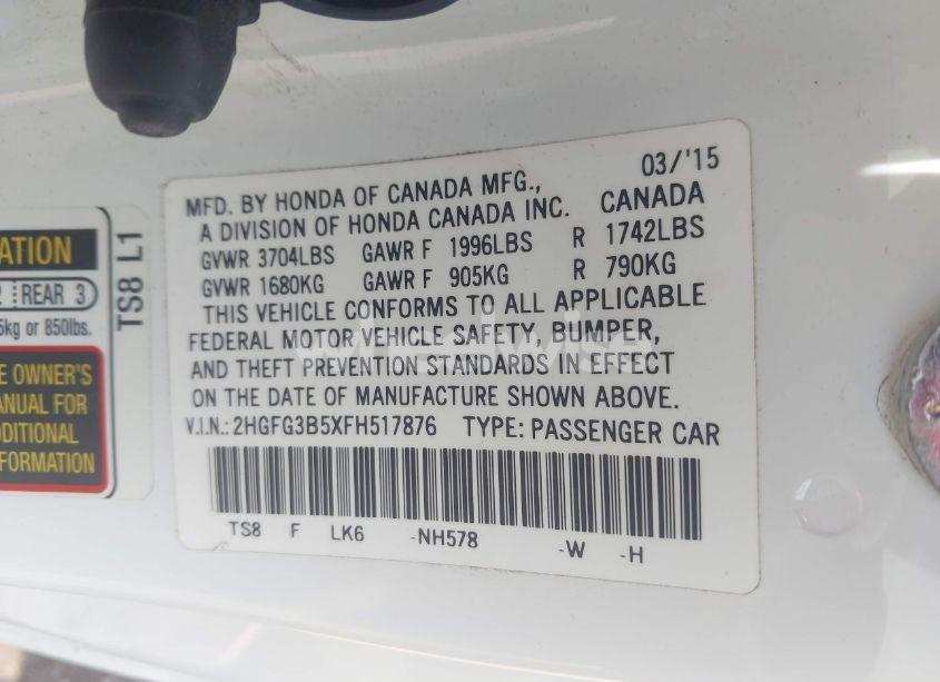 Photo 9 of 2015 Honda Civic LX (VIN 2HGFG3B5XFH517876)