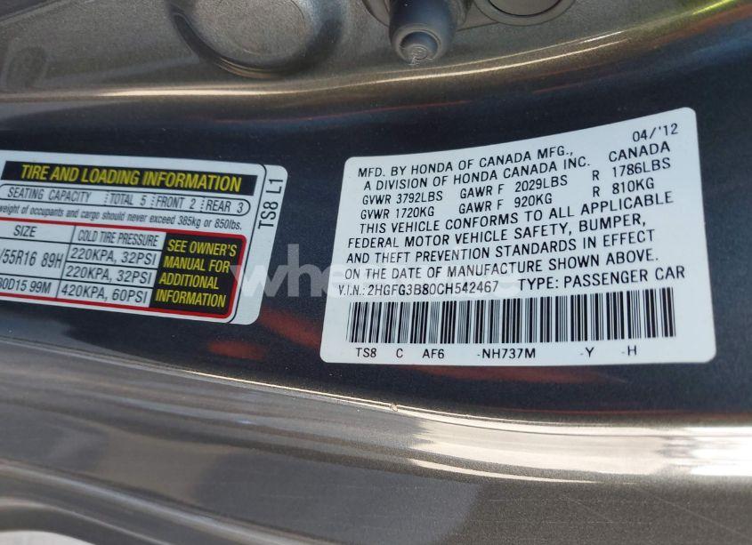 Photo 9 of 2012 Honda Civic EX (VIN 2HGFG3B80CH542467)