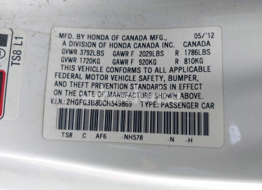 Photo 9 of 2012 Honda Civic EX (VIN 2HGFG3B80CH549869)