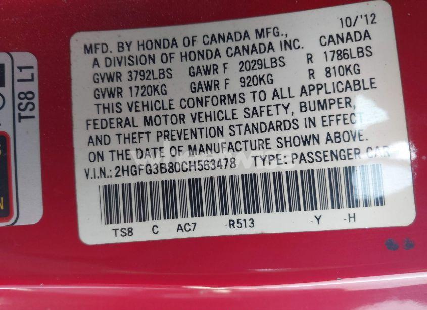 Photo 9 of 2012 Honda Civic EX (VIN 2HGFG3B80CH563478)