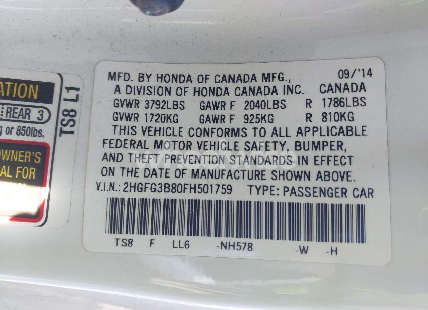 Photo 9 of 2015 Honda Civic EX (VIN 2HGFG3B80FH501759)