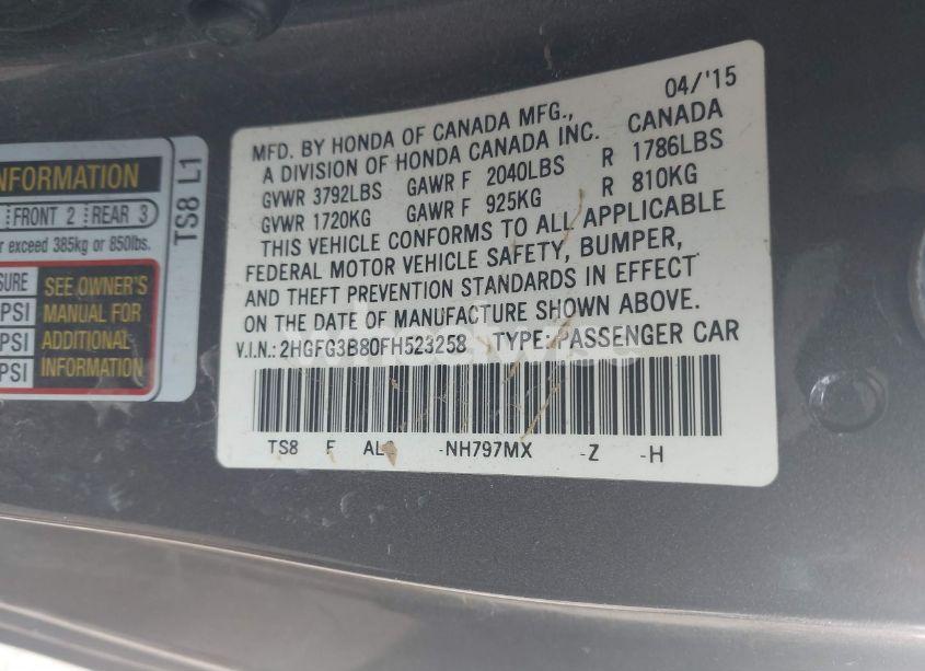 Photo 9 of 2015 Honda Civic EX (VIN 2HGFG3B80FH523258)