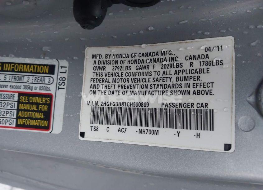 Photo 9 of 2012 Honda Civic EX (VIN 2HGFG3B81CH500809)