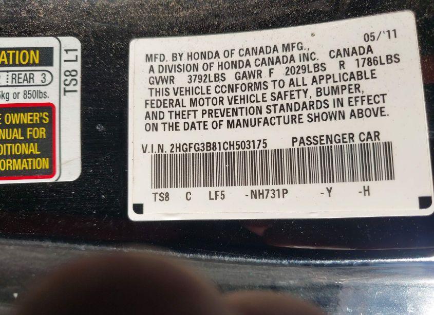 Photo 9 of 2012 Honda Civic CPE EX (VIN 2HGFG3B81CH503175)