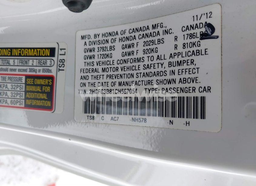 Photo 9 of 2012 Honda Civic CPE EX (VIN 2HGFG3B81CH567054)