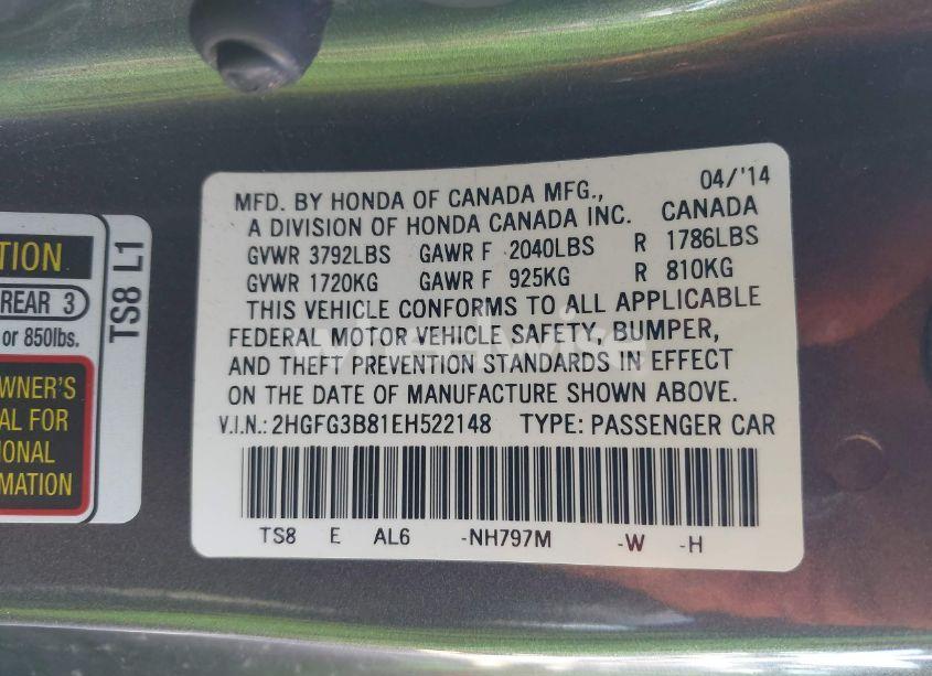 Photo 9 of 2014 Honda Civic EX (VIN 2HGFG3B81EH522148)