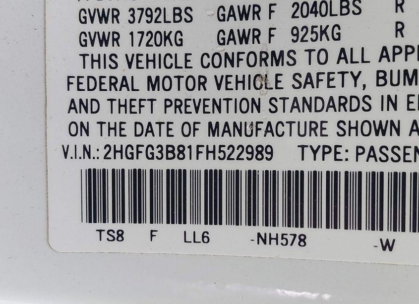 Photo 9 of 2015 Honda Civic EX (VIN 2HGFG3B81FH522989)