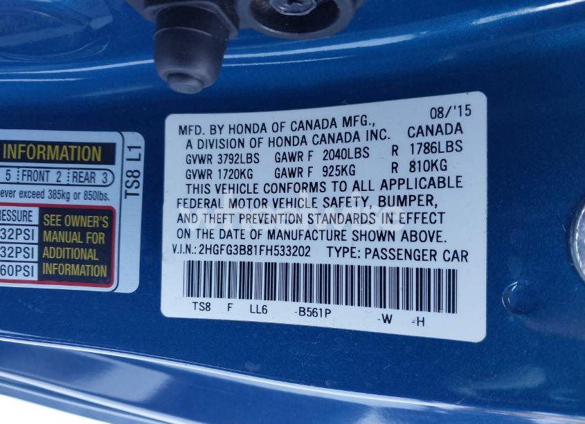 Photo 9 of 2015 Honda Civic EX (VIN 2HGFG3B81FH533202)