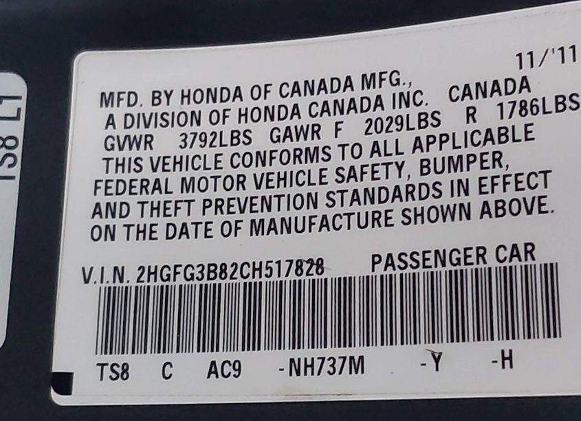 Photo 9 of 2012 Honda Civic EX (VIN 2HGFG3B82CH517828)