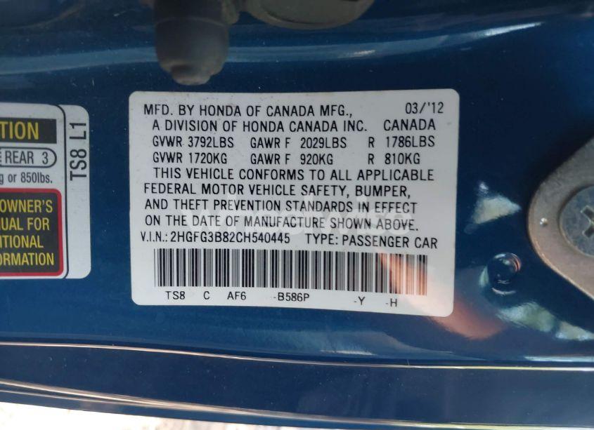 Photo 9 of 2012 Honda Civic EX (VIN 2HGFG3B82CH540445)