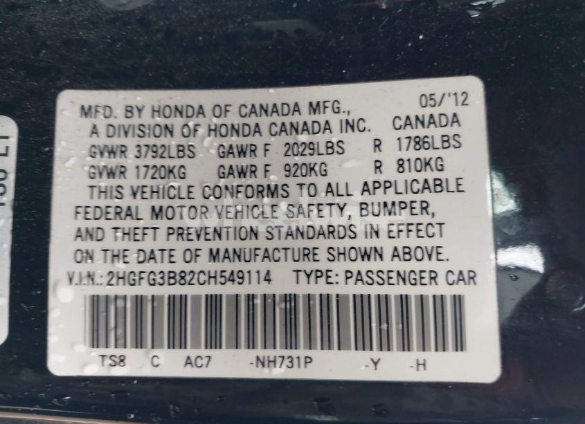 Photo 9 of 2012 Honda Civic EX (VIN 2HGFG3B82CH549114)