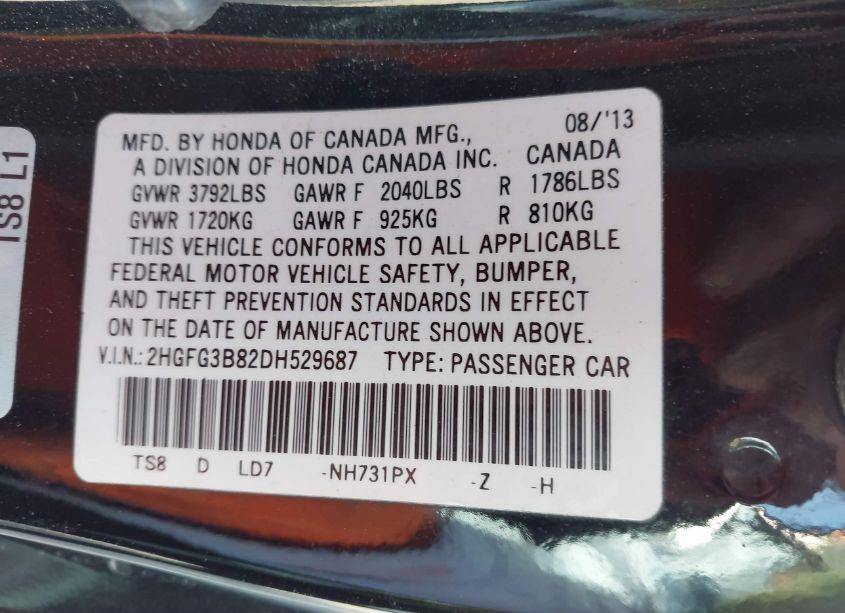 Photo 9 of 2013 Honda Civic EX (VIN 2HGFG3B82DH529687)